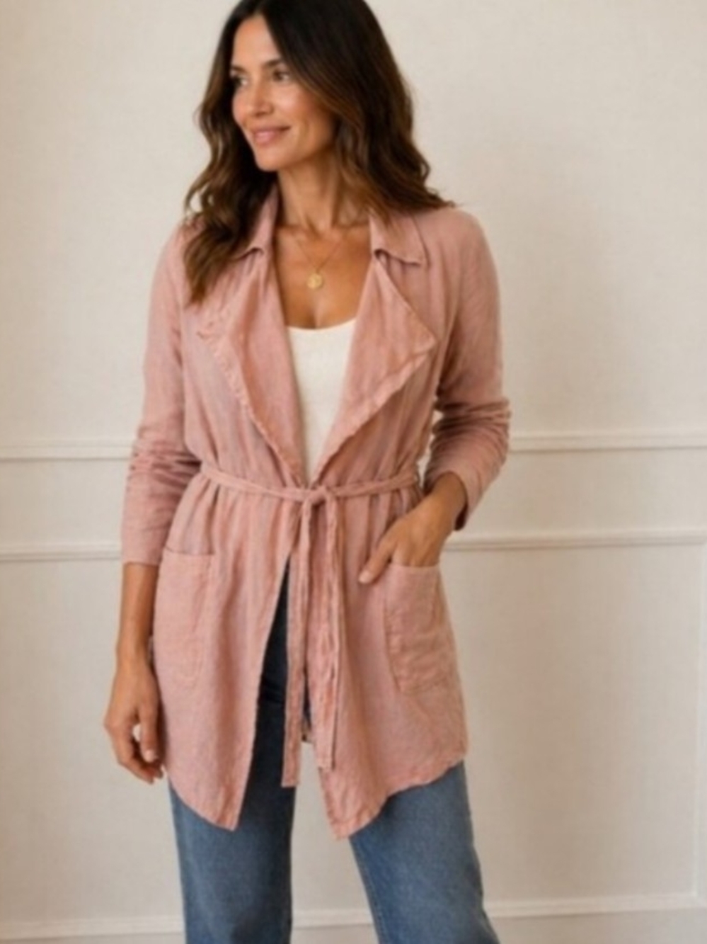Cynthia Raleigh 100% Linen Dusty Rose Wrap Coat Lagenlook Layering Jacket